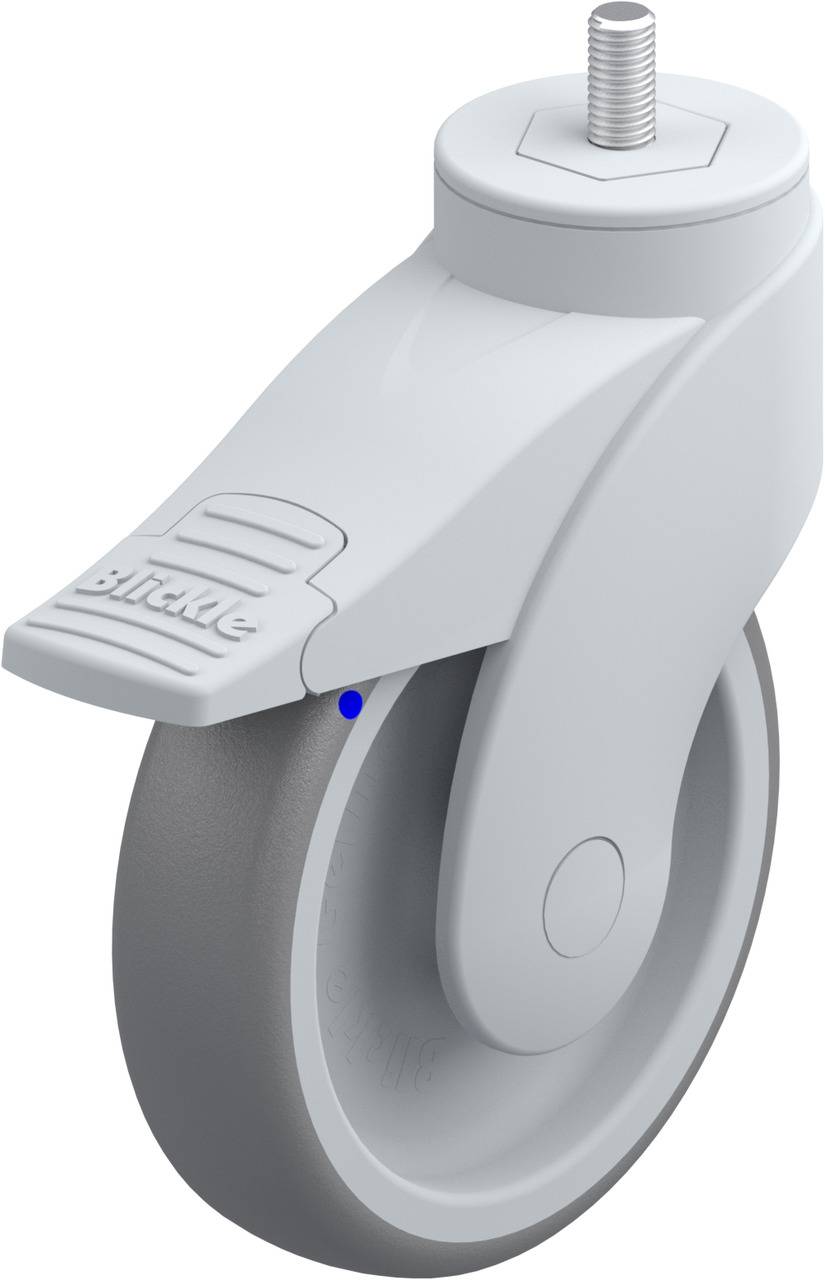 Industrie-Lenkrolle mit grauem Rad und weißem Gehäuse, inklusive Gewinde für Befestigung.