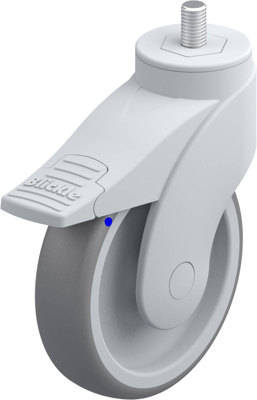 Grau-weiße Möbelrolle mit Bremse, Gewindestift an der Oberseite, geeignet für Büromöbel oder industrielle Verwendung.