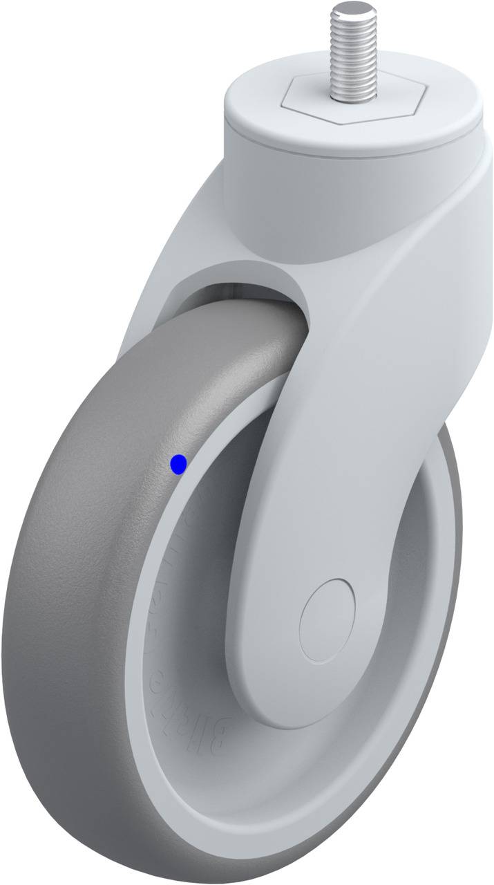 Ein graues Schwenkrollenrad mit Schraubbolzen, geeignet für Möbel oder Geräte, mit ergonomischem Design für leichtes Bewegen.