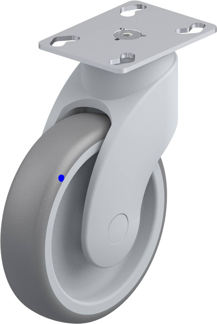 Graues Rad mit Befestigungsplatte und Drehgelenk, geeignet für Rollmöbel oder Transportgeräte.