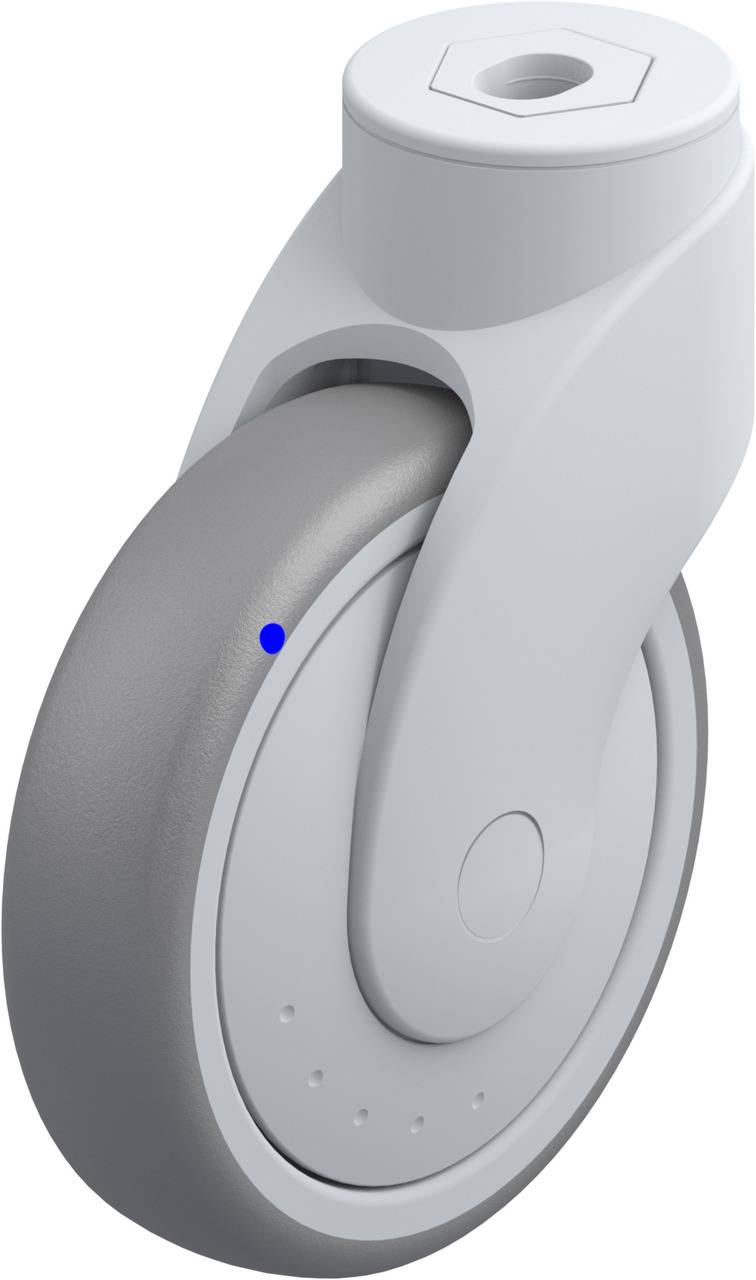 Graue Radrolle mit Kunststoffhalterung, Seitenansicht. Geeignet für Möbel oder leichte Transportgeräte.