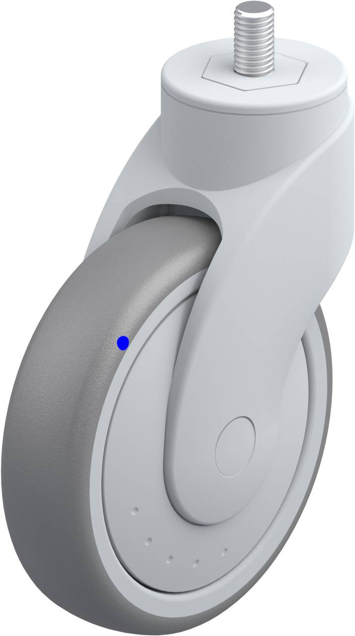 Graue Lenkrolle mit Befestigungsgewinde. Geeignet für Möbel oder Geräte, die Beweglichkeit erfordern.