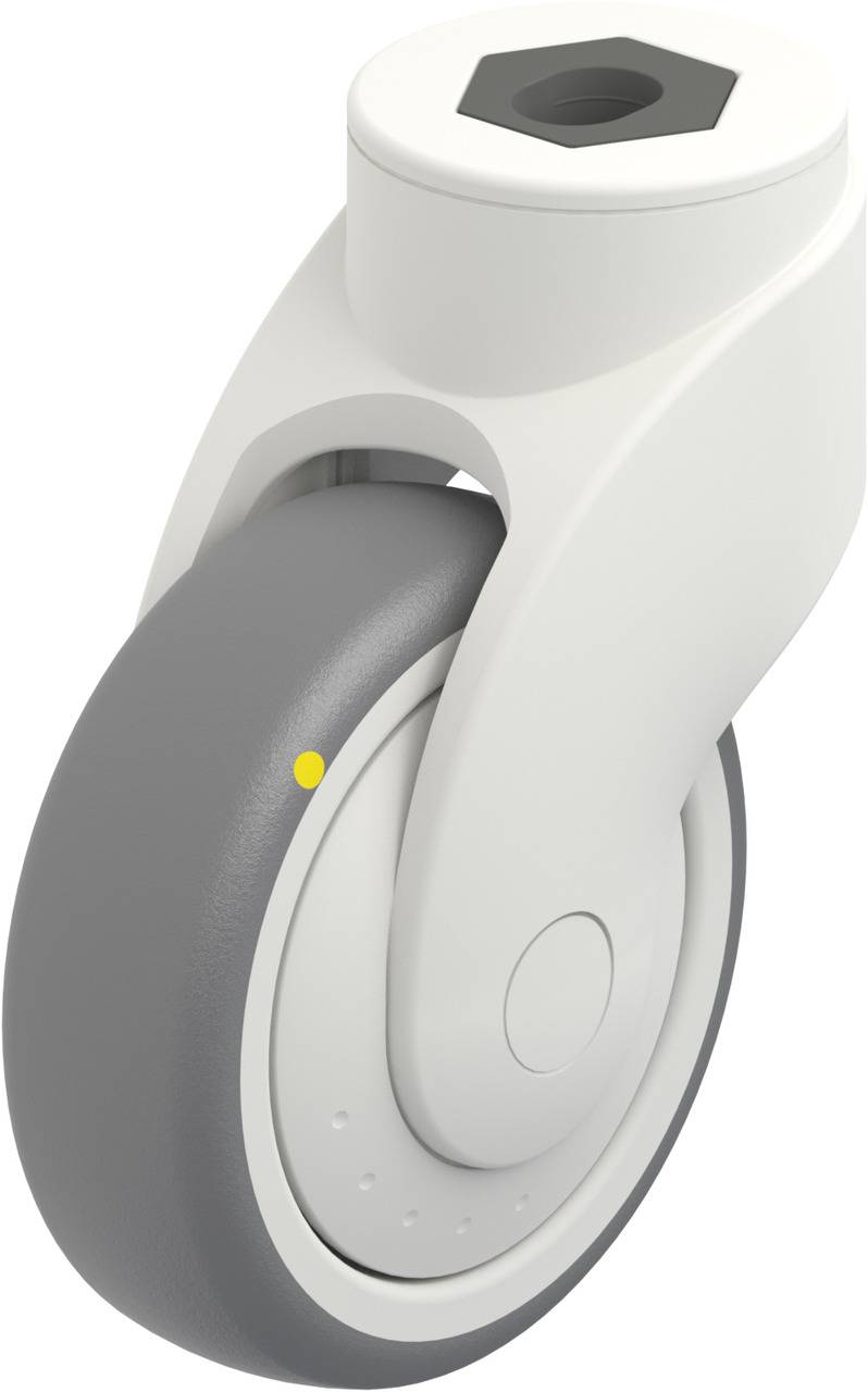 Graues und weißes Möbelrad mit sechseckiger Öffnung oben, geeignet für leichte Mobilität von Objekten.