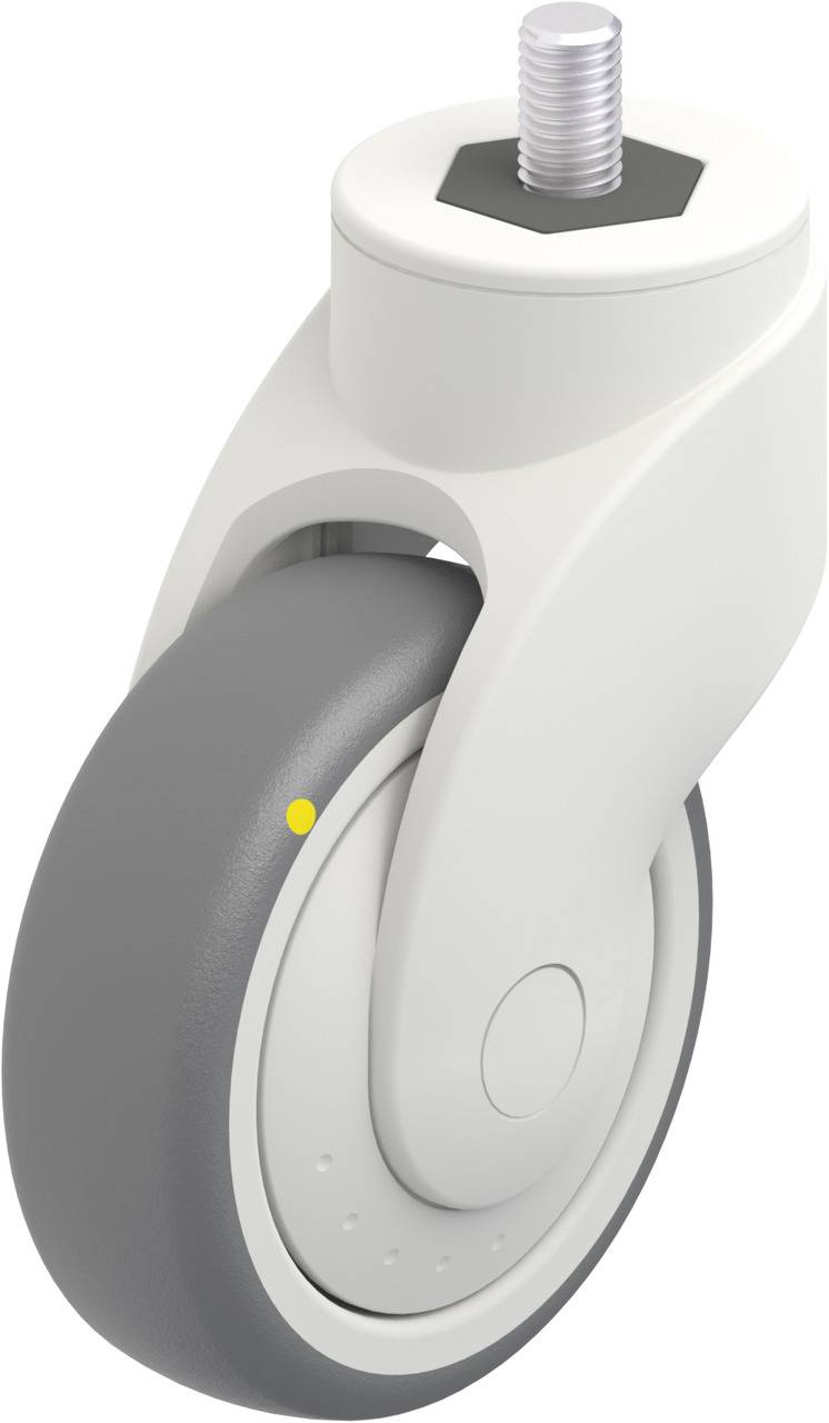 Weißes Laufrollenrad mit grauem Reifen an einer Halterung mit Schraubgewinde oben, geeignet für Mobilität und Drehbarkeit.