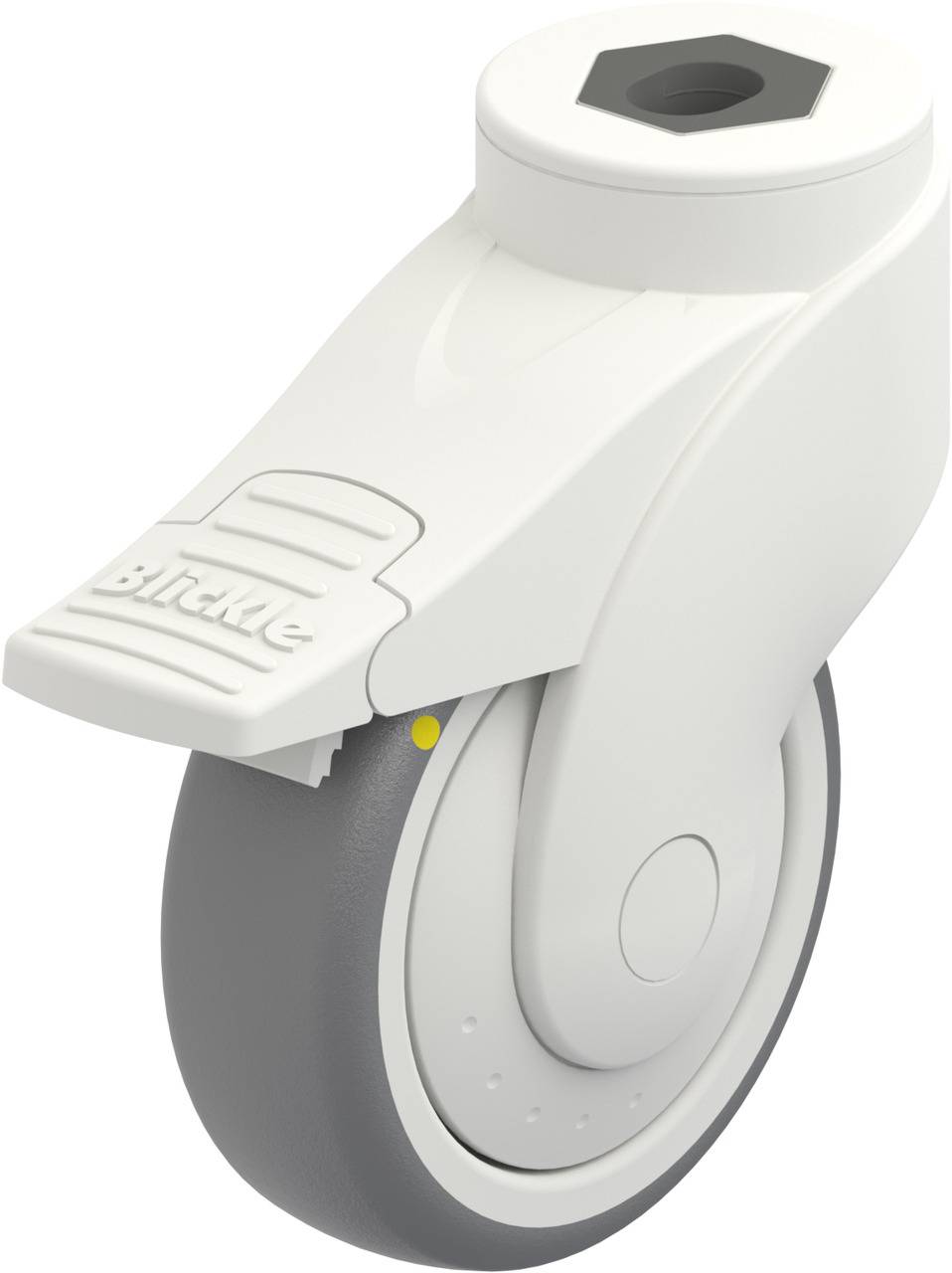 Lenkrolle mit grauem Rad und weißem Gehäuse. Gehäuse hat eine Abdeckung mit der Aufschrift 'brake'. Geeignet für Möbel oder Geräte.