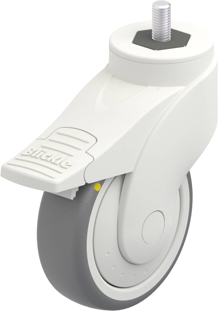 Weiße Laufrolle mit grauem Rad und integrierter Bremse, oben Gewindestift zur Montage, geeignet für Möbel oder Geräte.