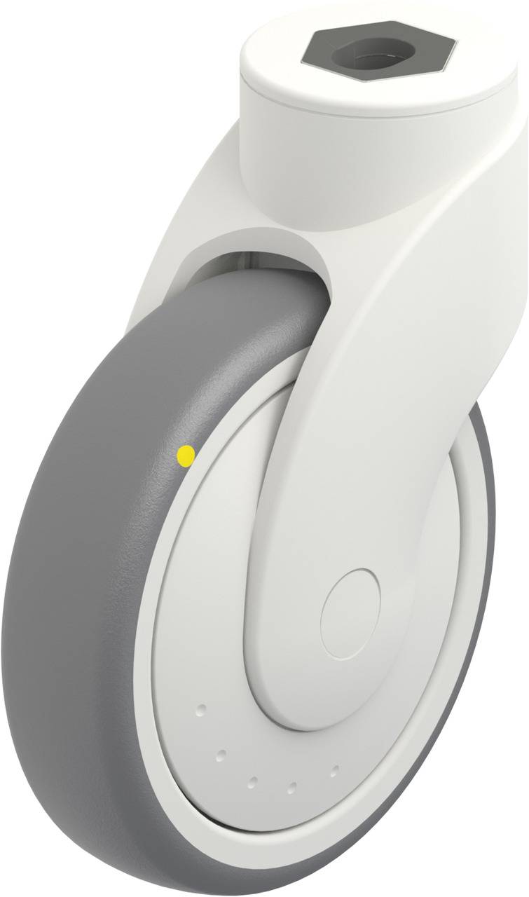 Einzelne weiße Kunststoffrolle mit grauer Lauffläche, zeigt modernes Design. Verwendet für Möbel oder Geräte auf glatten Oberflächen.