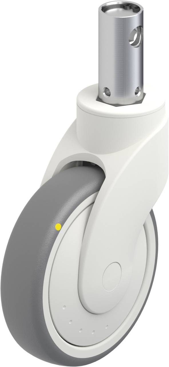 Ein graues Kunststoffrad mit weißem Gehäuse und silbernem Metallstift zum Befestigen an Möbel oder Geräten.