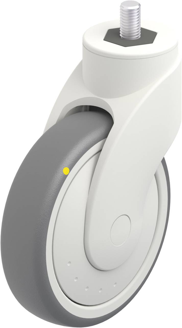 Graues Kunststoffrad mit weißem Gehäuse und einem oberen Metallgewinde. Büro- oder Möbelrolle.