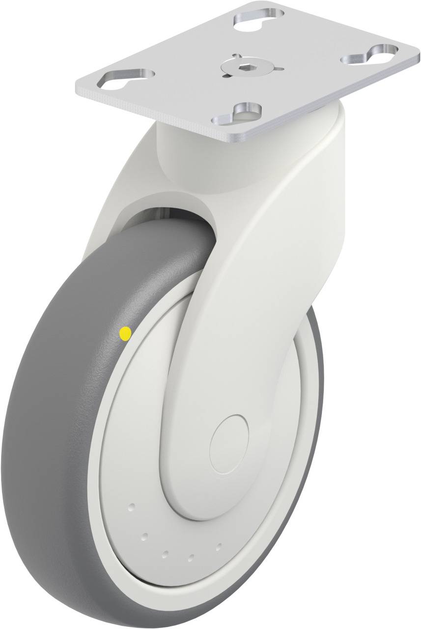 Ein graues und weißes Rollrad mit Montageplatte, geeignet für Möbel oder Industriegeräte.