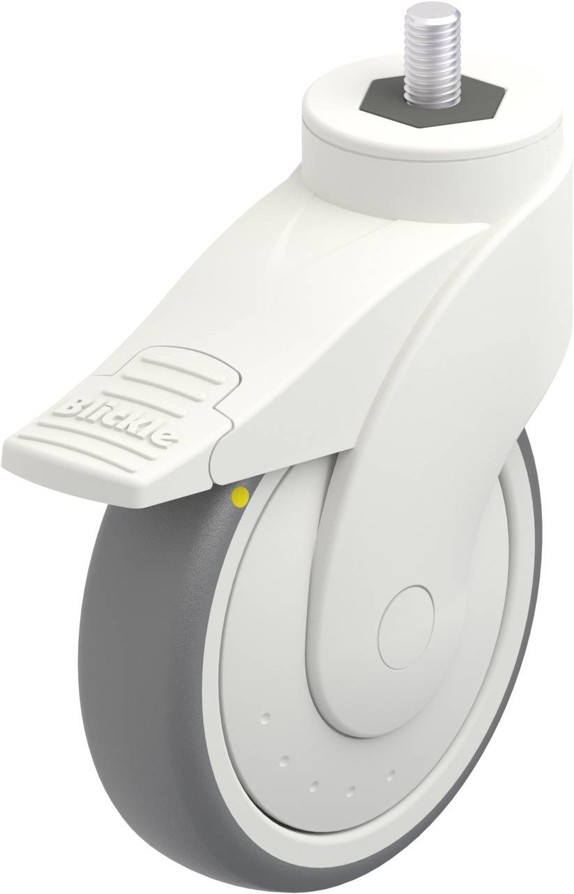 Ein grau-weißes Rad mit einer Bremse, die ein Rutschen verhindert. Es hat oben ein Schraubgewinde zur Befestigung an Möbeln oder Geräten.