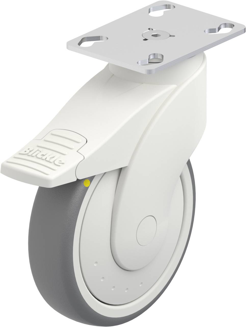 Schwenkrolle mit grauem Rad und weißem Gehäuse, befestigt an einer Metallplatte.