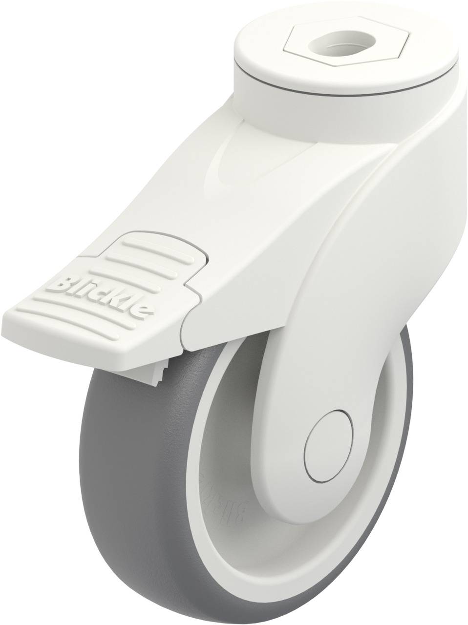 Ein weißes Möbelrad mit grauer Lauffläche und Feststeller. Ideal für bewegliche Möbelstücke.