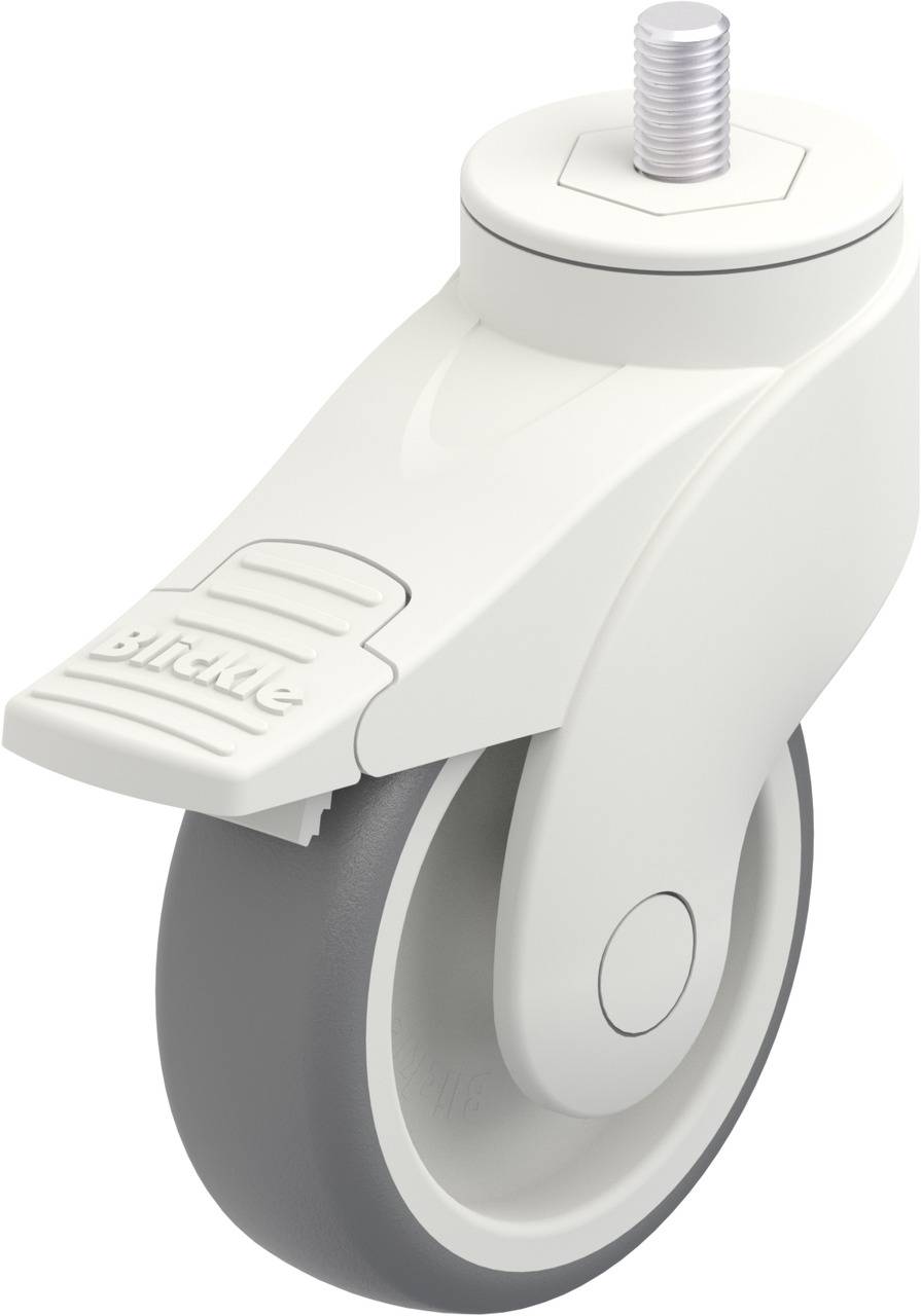 Weiße Lenkkrolle mit grauem Rad und Bremse, Gewindestift oben zur Befestigung. Geeignet für Möbelelemente oder Geräte.