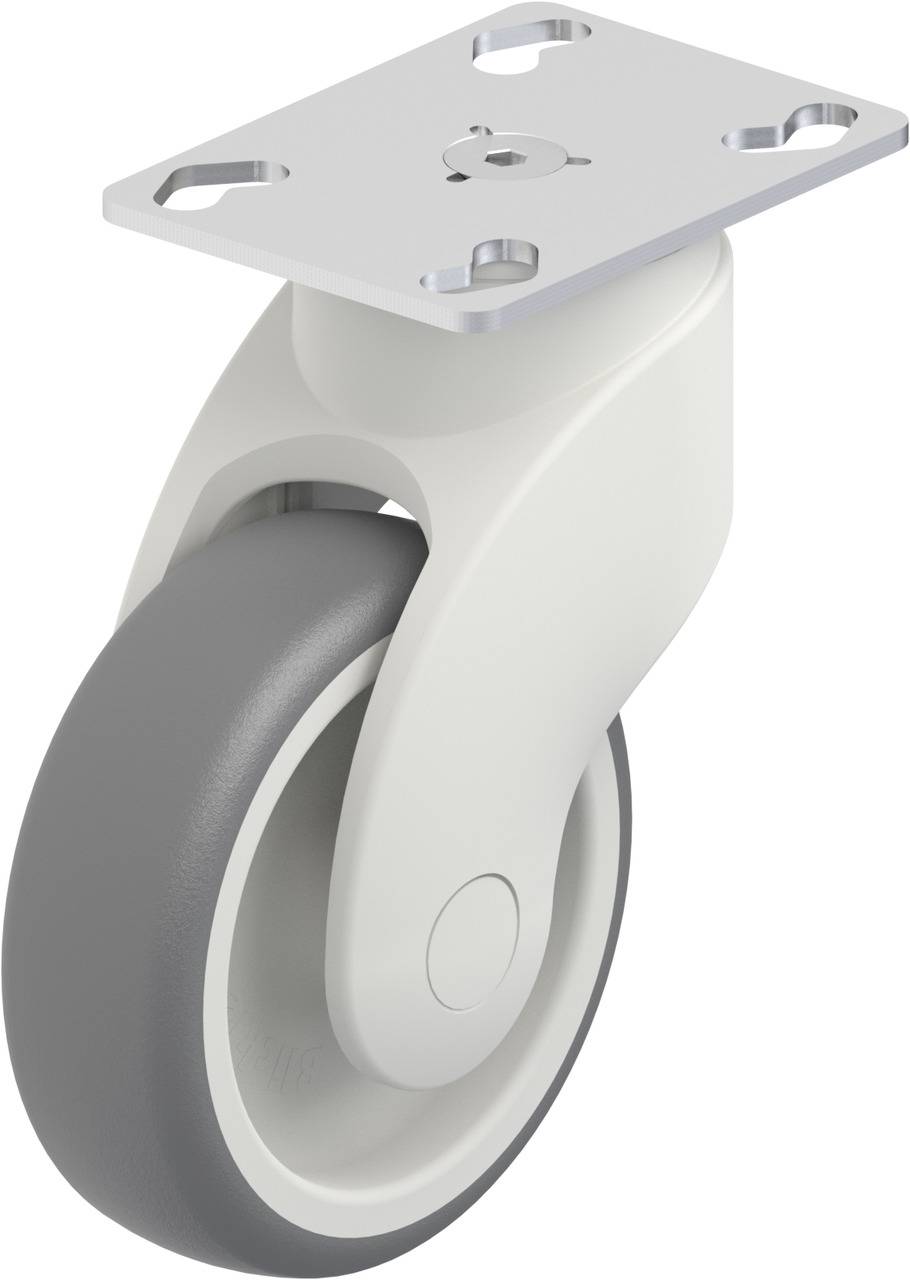 Eine graue Rolle mit weißem Gehäuse und Metallplatte oben, geeignet für Möbel oder Geräte.