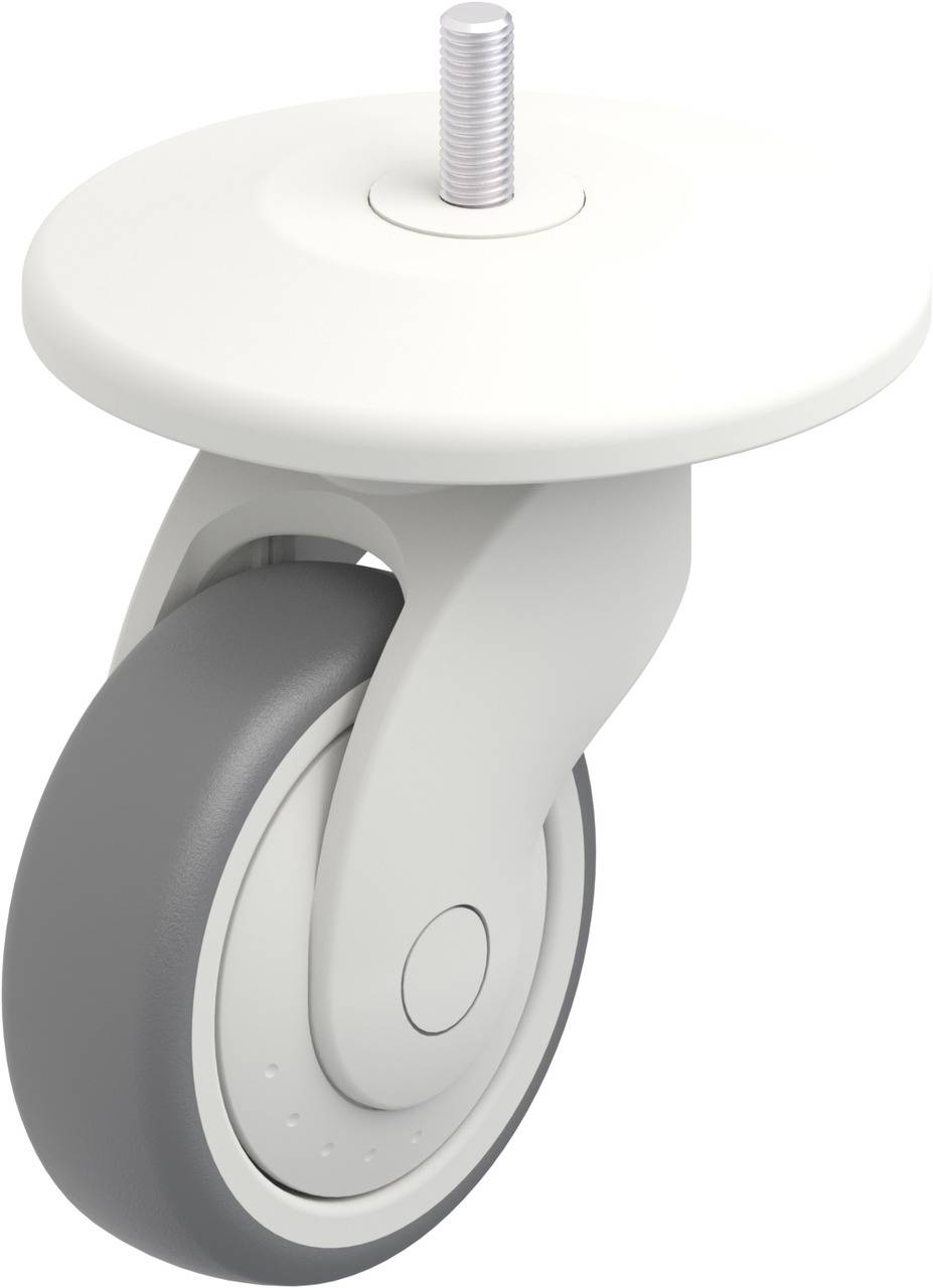 Graues und weißes Möbelrad mit Befestigungsgewinde, geeignet für Schrank- oder Stuhlfüße, ermöglicht leichte Beweglichkeit auf harten Böden.