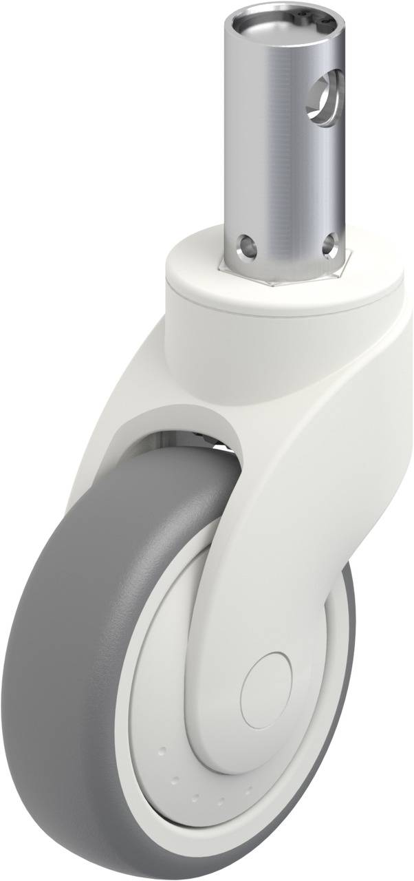 Weißes Möbelrad mit grauer Gummibereifung und Metallhalterung. Geeignet für einfache Mobilität bei Möbelstücken.