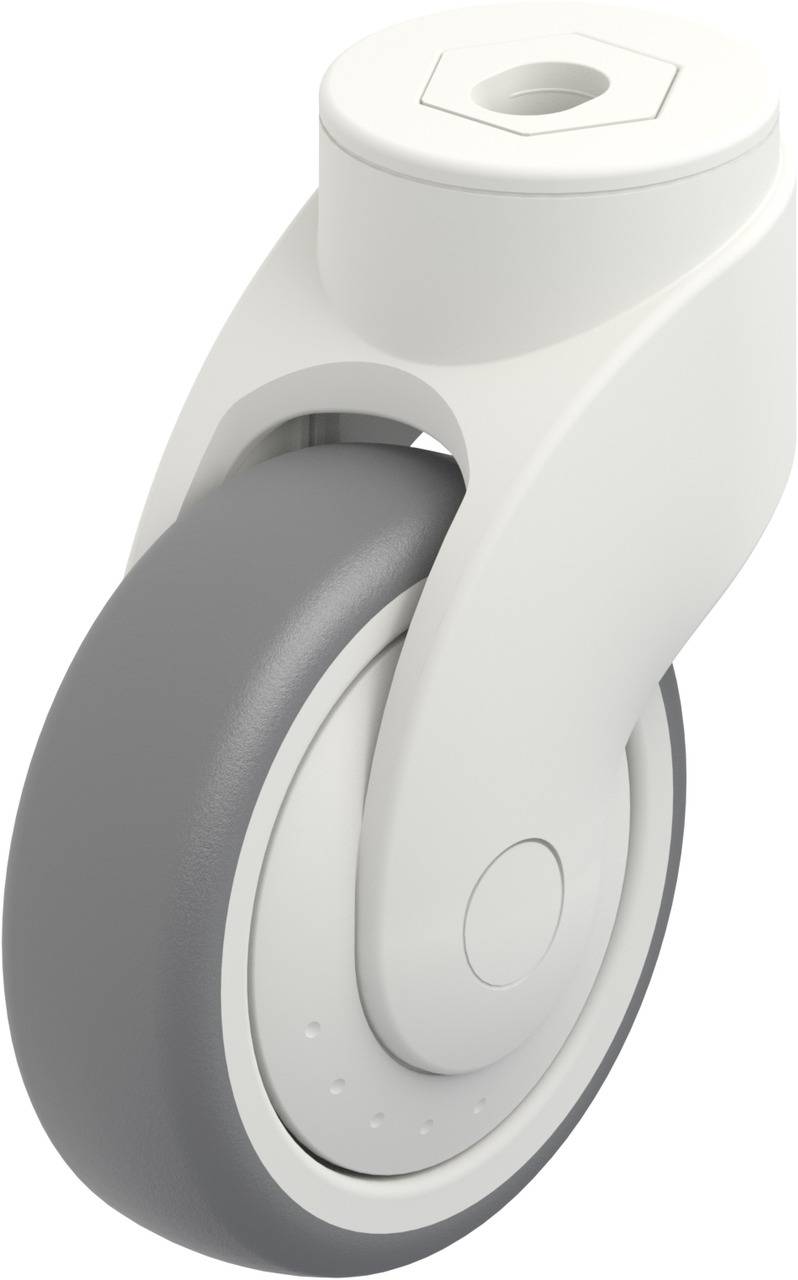 Ein einzelnes, modernes graues und weißes Rad, vermutlich Teil eines Möbelstücks oder Geräts, das eine sanfte Bewegung ermöglicht.