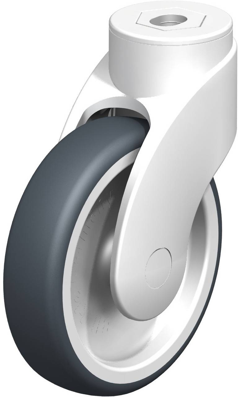 Rolle mit grauem Reifen und weißem Gehäuse; scheint stabil und für den Einsatz an Möbeln oder Geräten geeignet zu sein.
