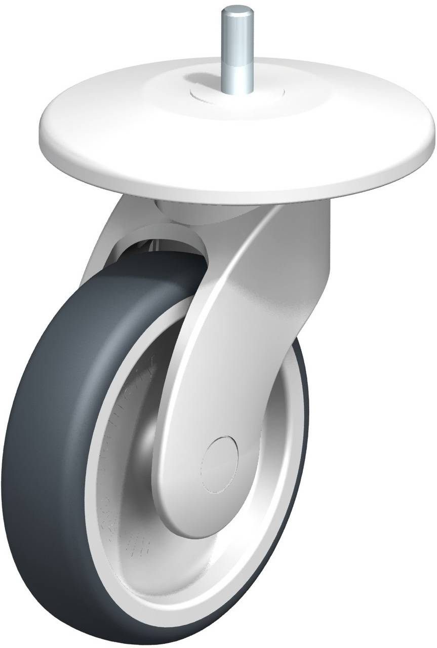 Weißes und schwarzes Schwenkrad auf weißem Hintergrund, geeignet für Möbel oder Industrieausrüstung.