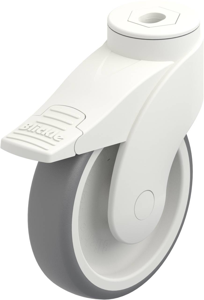 Weißes und graues Möbelrad mit Bremse in abgeschrägter Ansicht. Hauptfunktion: Mobilität und Stabilität für Möbelstücke.