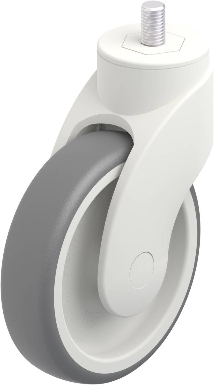 Graues Rollrad mit weißem Gehäuse und oberer Metallschraube, geeignet für Möbel oder Geräte.