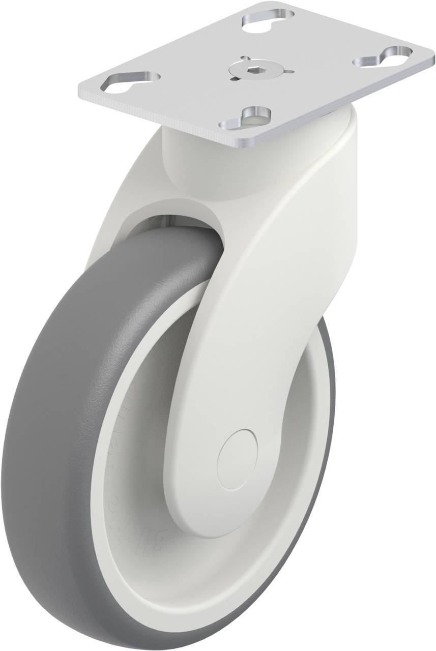Graues Lenkrolle mit weißem Gehäuse, Montageplatte oben. Geeignet für Möbel oder Geräte zur einfachen Bewegung und Flexibilität.