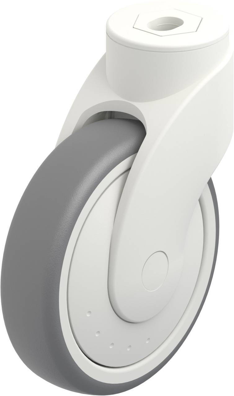 Graues und weißes Rad für Möbel oder medizinische Geräte, mit modernem Design und glatter Oberfläche.