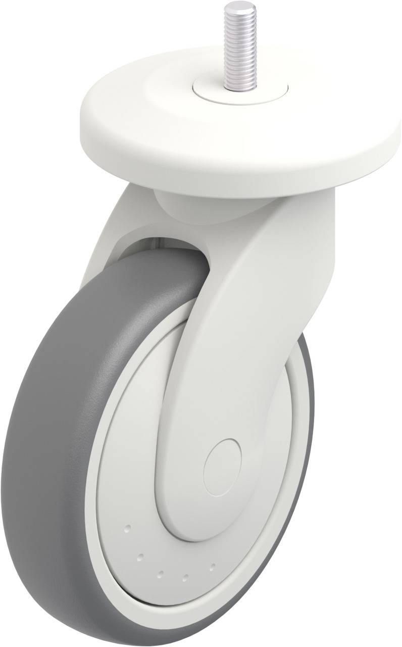 Ein weißes Möbelrad mit grauer Lauffläche und einem oberen Befestigungsgewinde, geeignet für Möbel oder Büroausstattung.