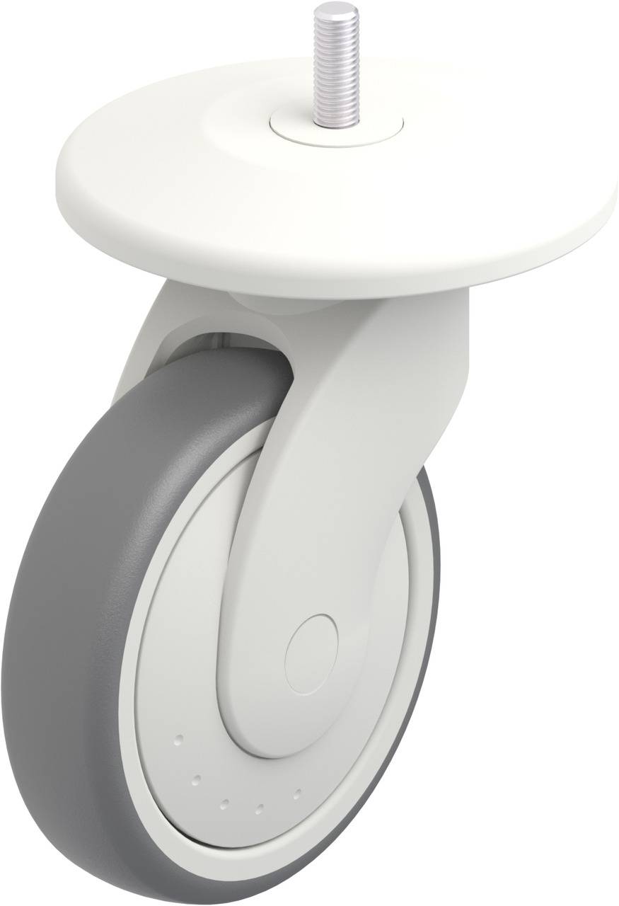 Weißes Schwenkrad mit grauem Reifen, an der Oberseite mit Gewindestift zur Befestigung. Geeignet für Möbel oder industrielle Anwendungen.