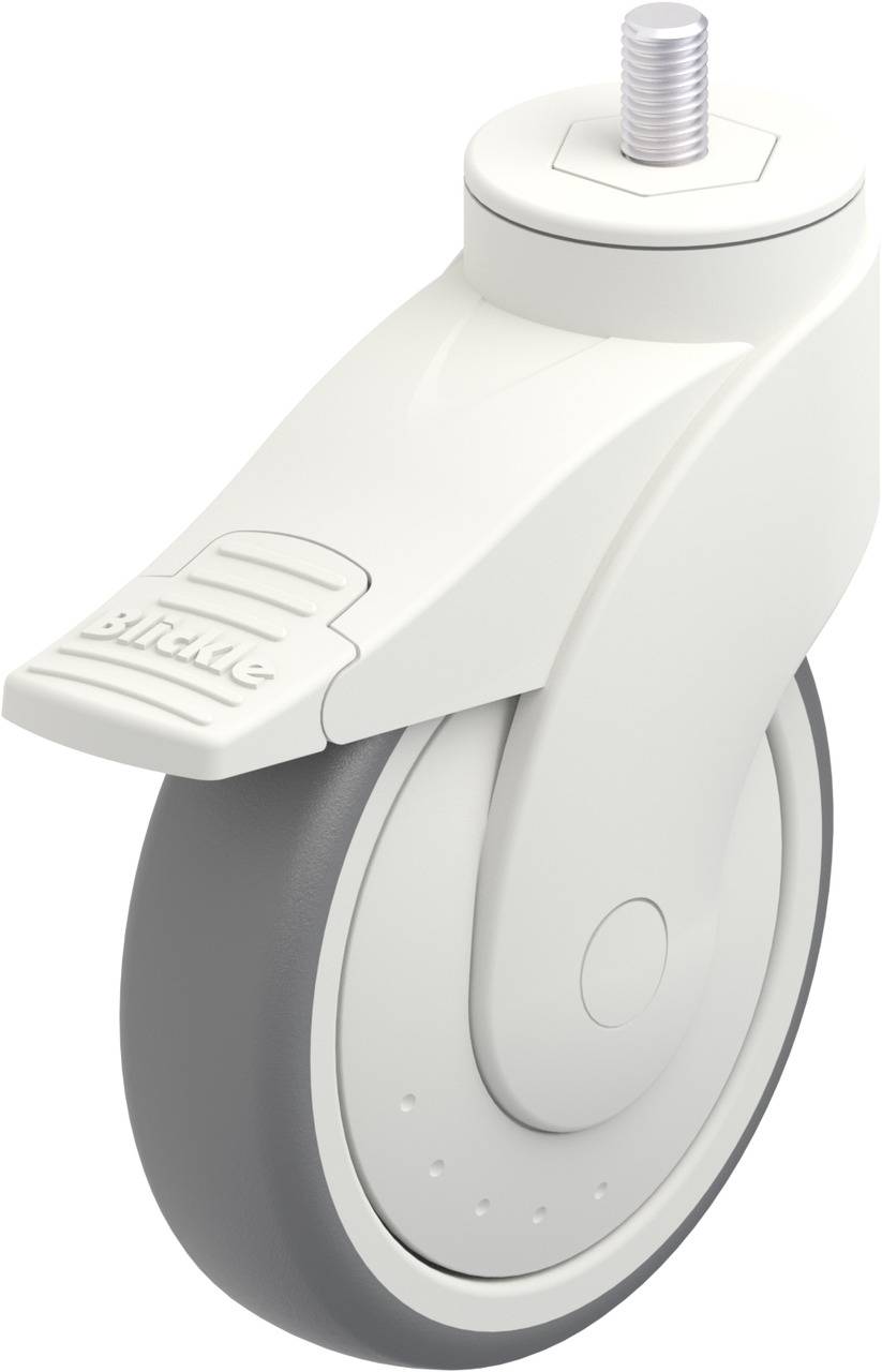 Ein weißes Rad für Möbel oder Geräte mit feststellbarer Bremse, seitlich abgebildet; geeignet für den Einsatz auf harten Böden.