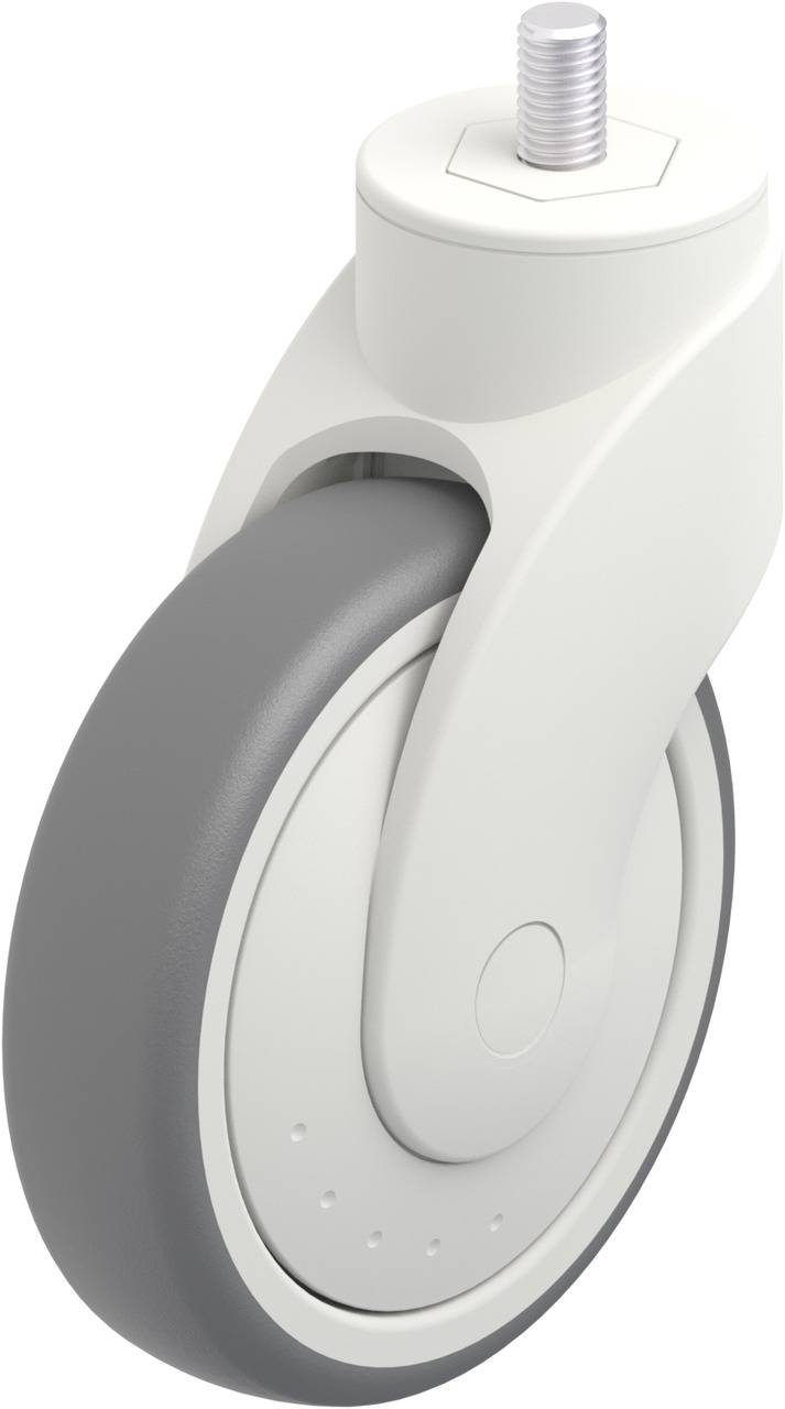 Ein graues Rad mit weißem Gehäuse und silbernem Schraubgewinde, geeignet für Möbel oder Rollcontainer.