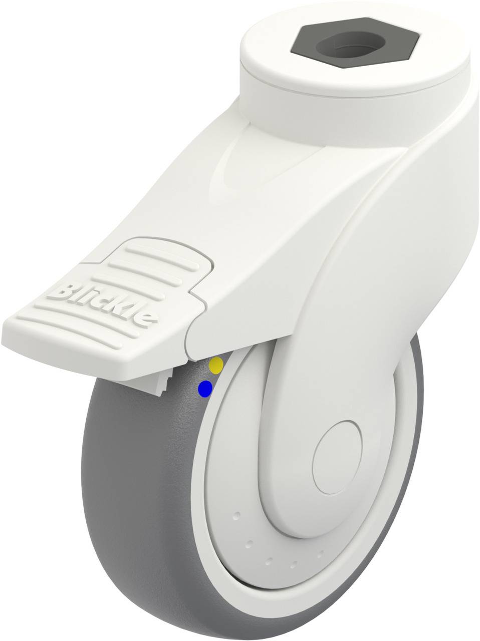 Eine weiße Rolle mit grauem Rad und Befestigungsschraube. Auf der Bremse steht 'Blickle'. Geeignet für Möbel oder Geräte.