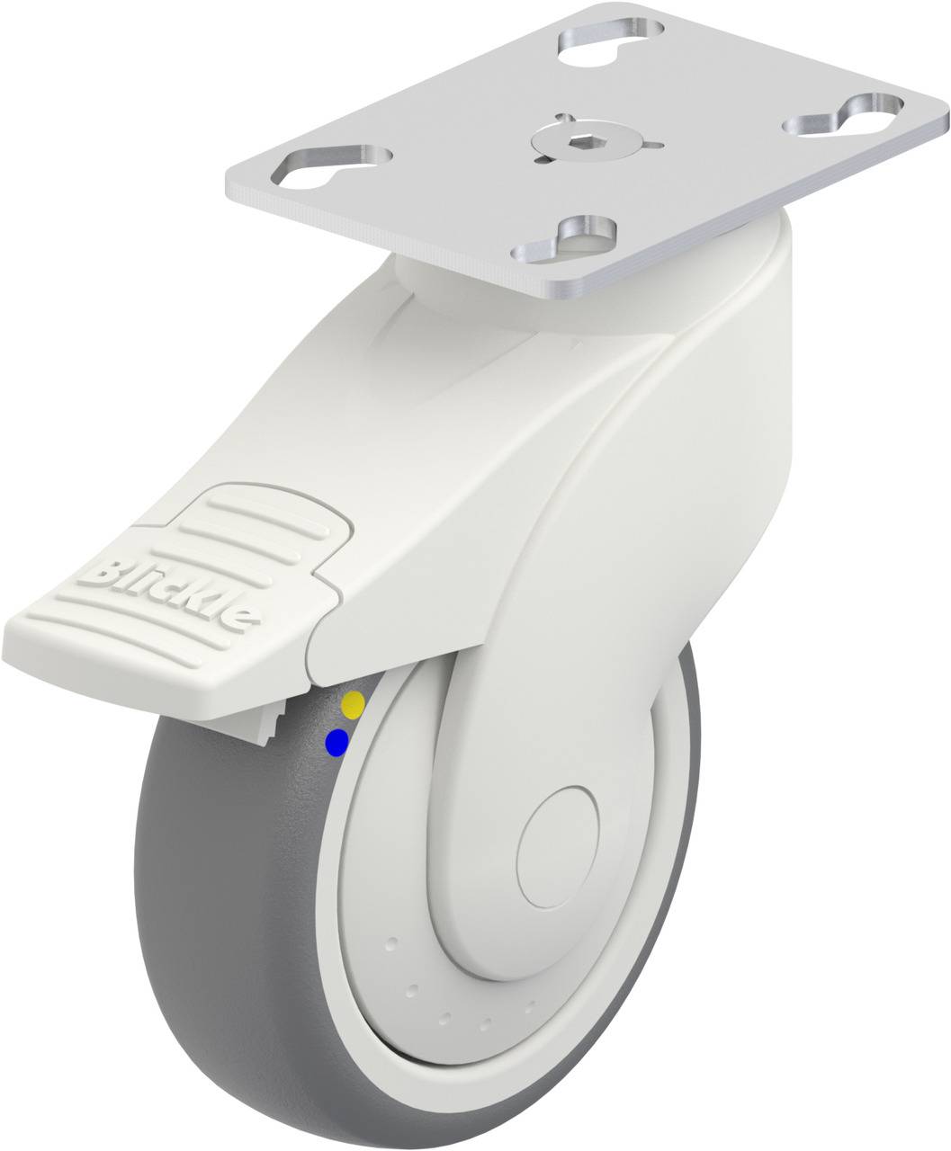 Weißes, schwenkbares Rollenrad mit grauer Gummibeschichtung und flacher Metallplatte oben zur Befestigung an Möbeln oder Geräten.