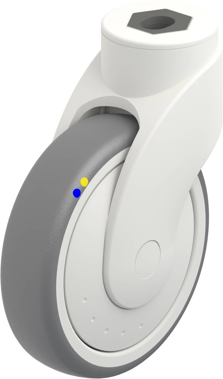 Ein weißes und graues Rad mit einer Halterung, das für Möbel oder Geräte geeignet ist. Es hat eine glatte Oberfläche und zeigt zwei kleine Markierungen.