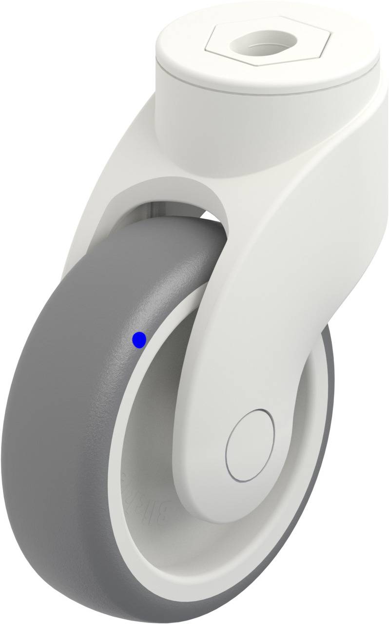 Ein einzelnes weißes Möbelrad mit einer grauen Rolle, passend für Möbel oder Bürostühle.