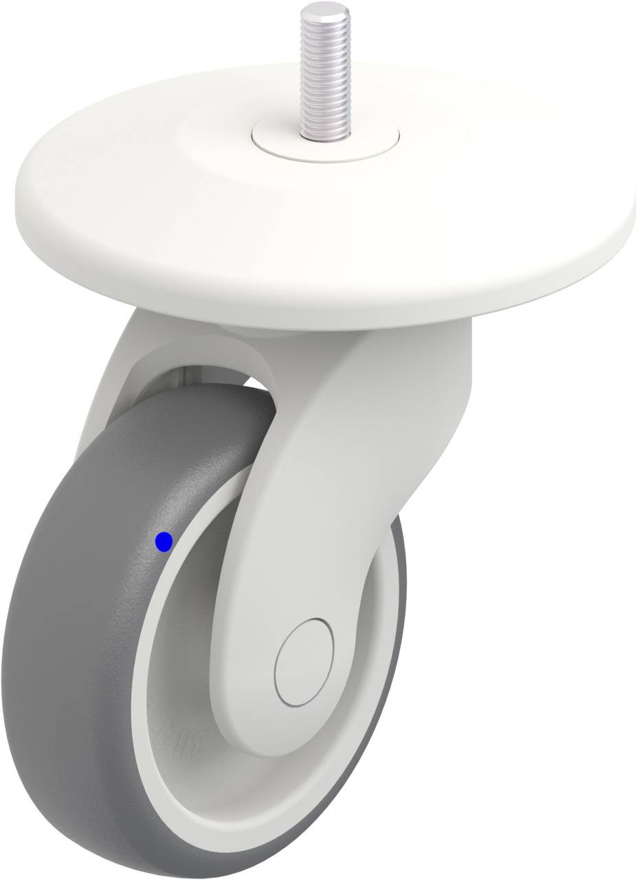 Weißes Möbel-Lenkrolle mit grauem Rad und einer blauen Markierung.
