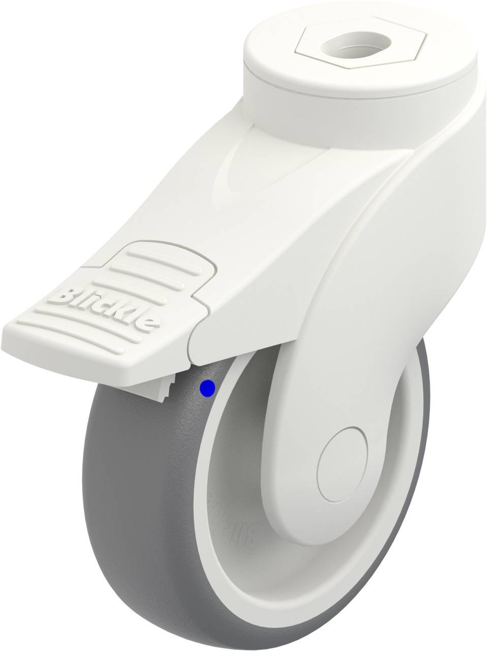 Weiße Rolle mit Bremse, geeignet für Möbel oder Geräte. Sie hat ein glattes, modernes Design. Die Aufschrift 'blickle' ist sichtbar.