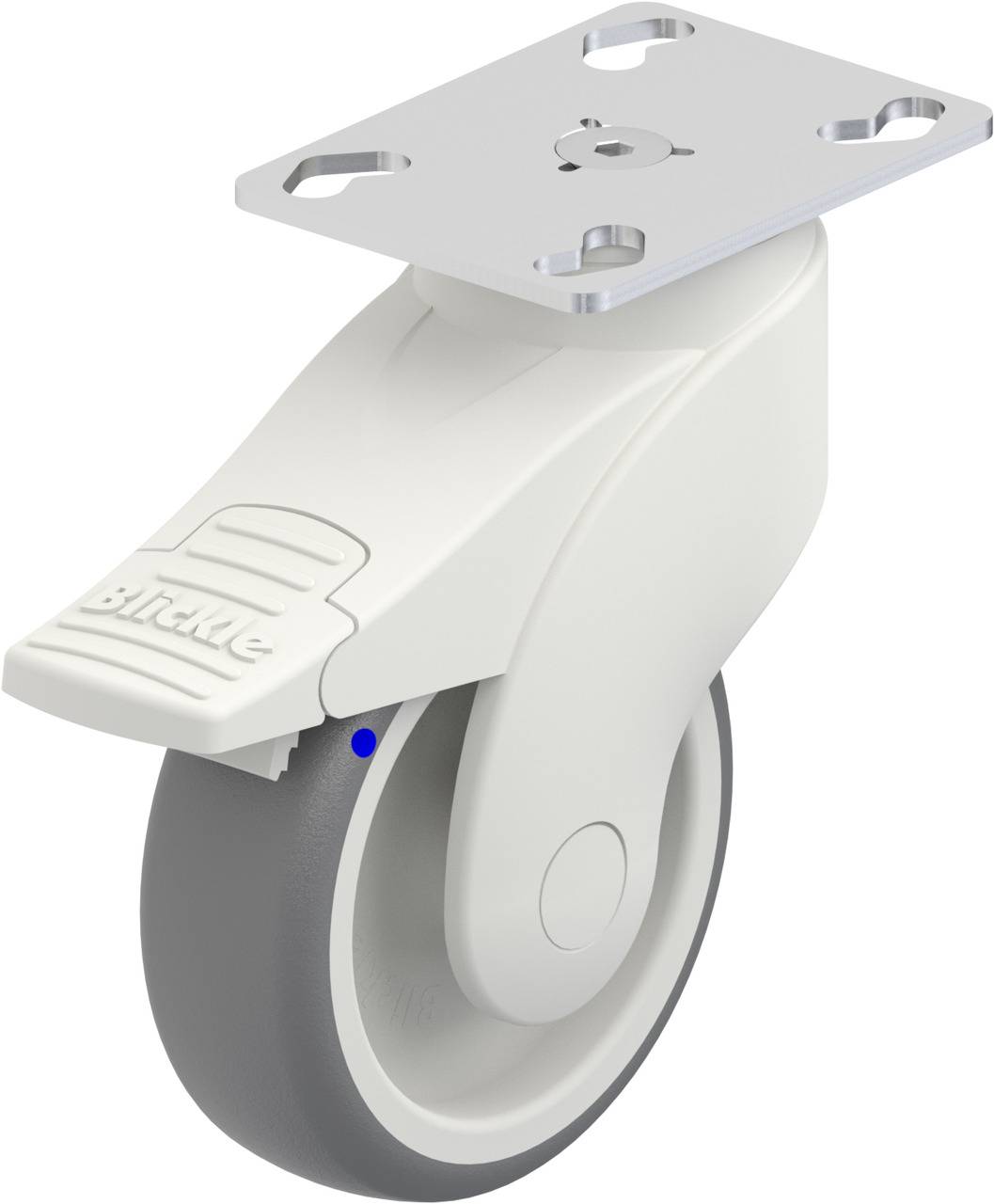 Weißes Lenkrolle mit grauem Rad und Metallplatte zur Befestigung.