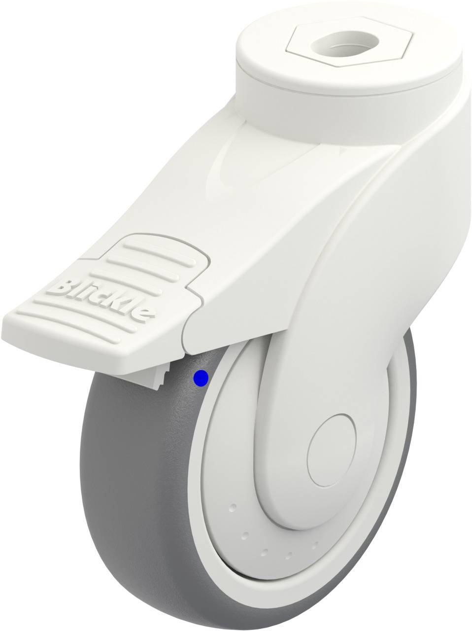 Weißes Kunststoff-Lenkrolle mit grauem Rad und Bremse. Ideal für Möbel oder Geräte für flexible Bewegung und stabile Positionierung.