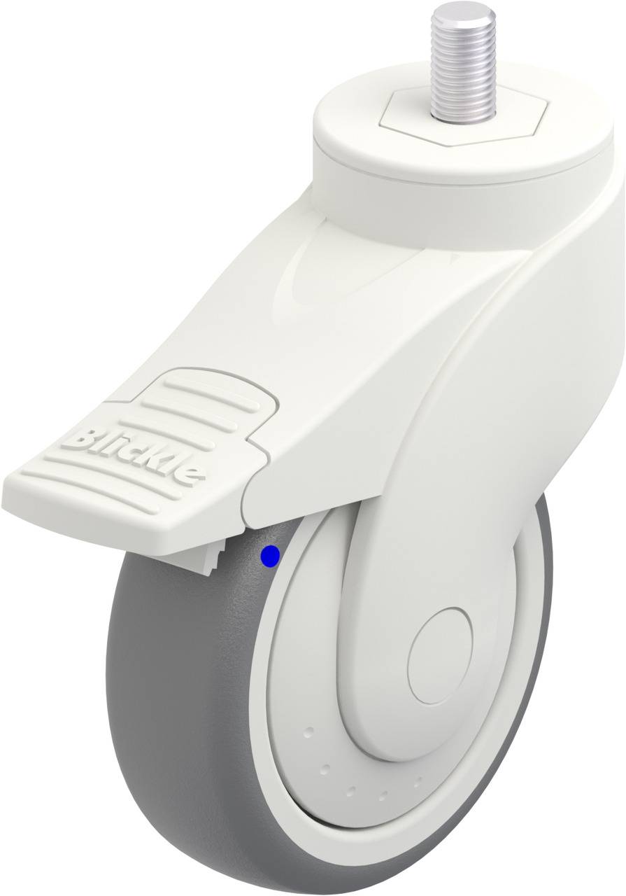 Weiße drehbare Rolle mit grauer Lauffläche, Bremse und Befestigungsschraube oben.
