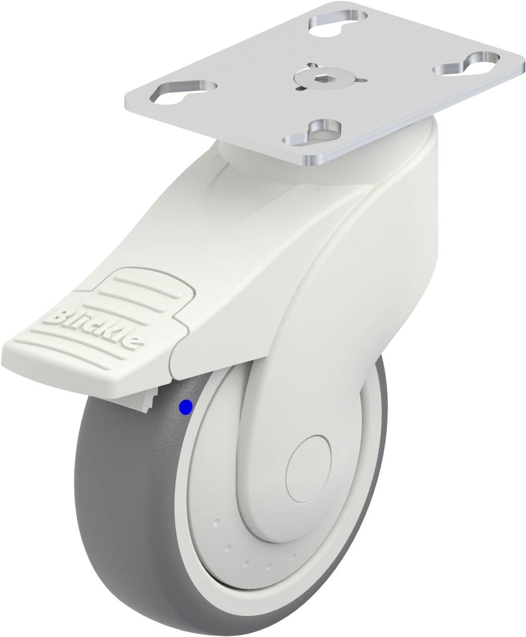 Eine weiße Lenkrolle mit grauem Rad und einer Metallplatte zur Befestigung. Die Rolle ist gebremst und hat eine glatte Oberfläche.