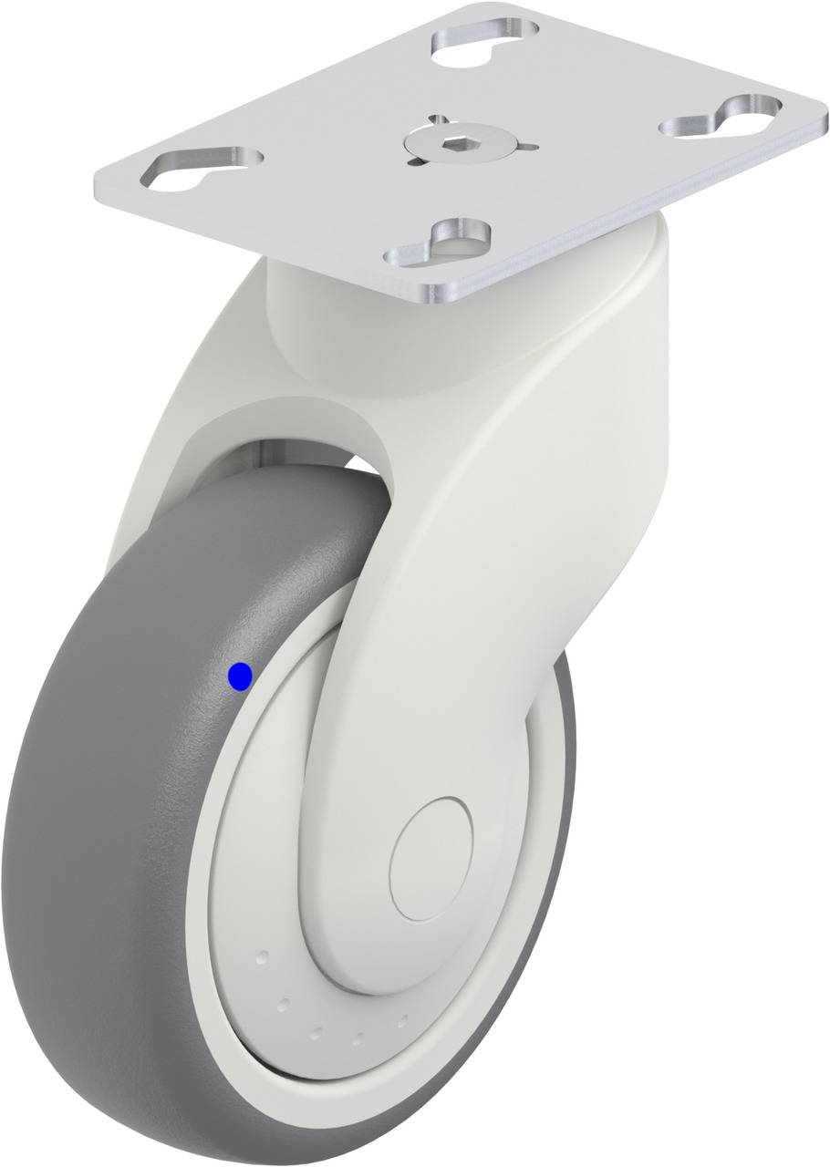Weiße Kunststoffrolle mit grauem Gummi und Metallplatte, geeignet für Möbel oder Wagenmontage.