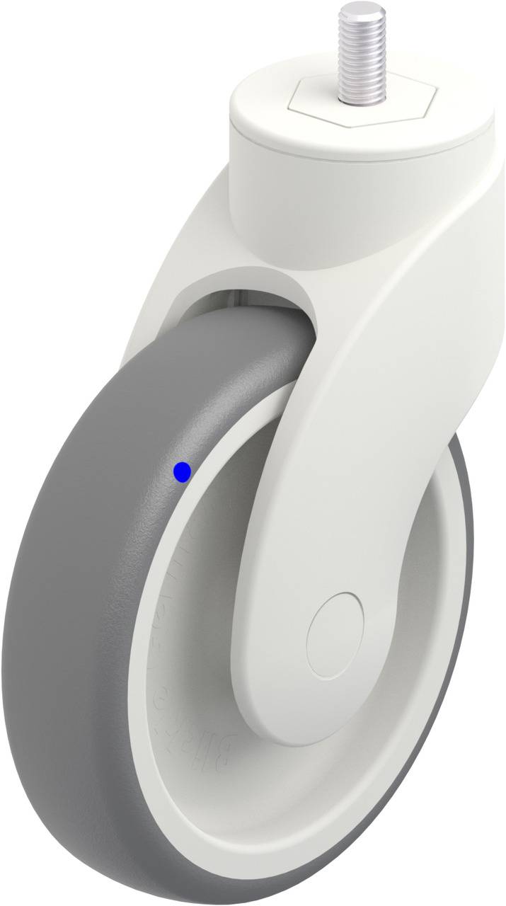Weiße und graue Lenkrolle mit Schraubbefestigung oben, geeignet für Möbel- oder Geräteanwendungen.