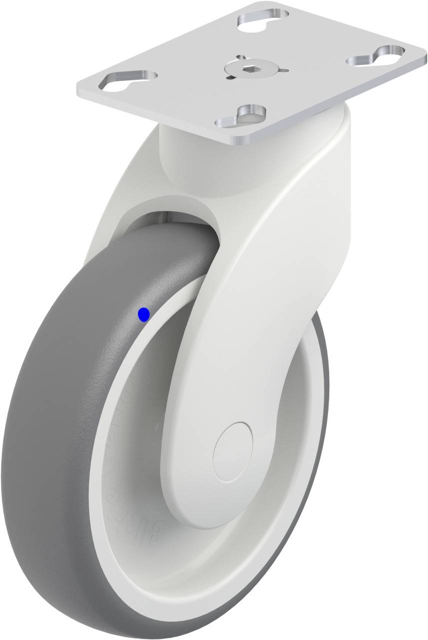 Rolle mit grauem Rad und weißem Gehäuse, geeignet für Möbel oder industrielle Zwecke, mit Montageplatte oben für Befestigung.