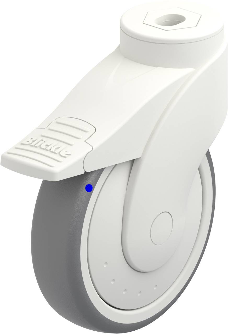 Eine weiße Rollen-Hardware-Komponente mit Bremspedal oben, geeignet für Möbel oder Geräte, mit einem grauen Rad und einer blauen Markierung.