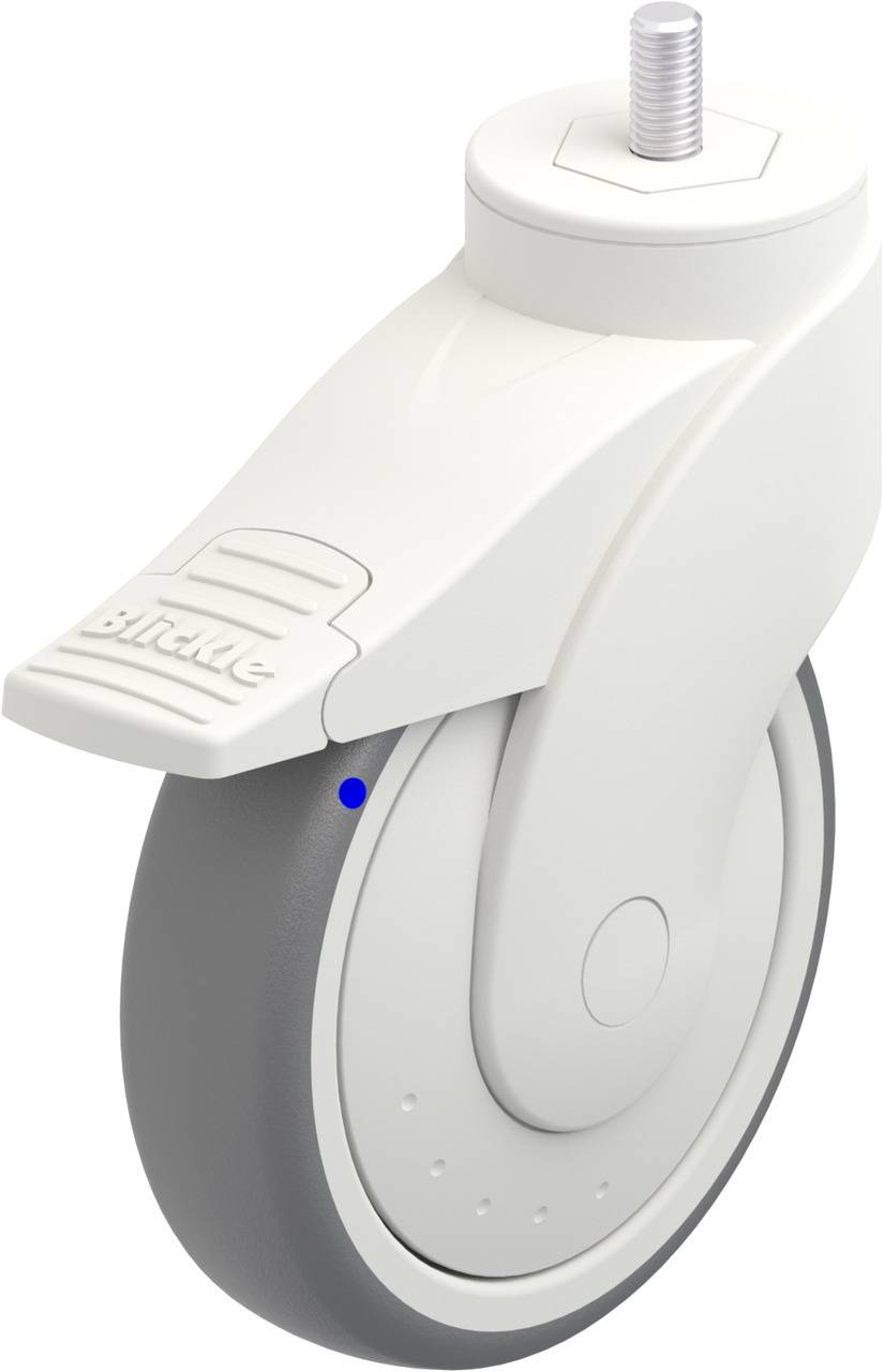 Rundes weißes Rad mit grauem Reifen und einem Gewinde oben. Auf dem Rad ist 'Brake' eingraviert.