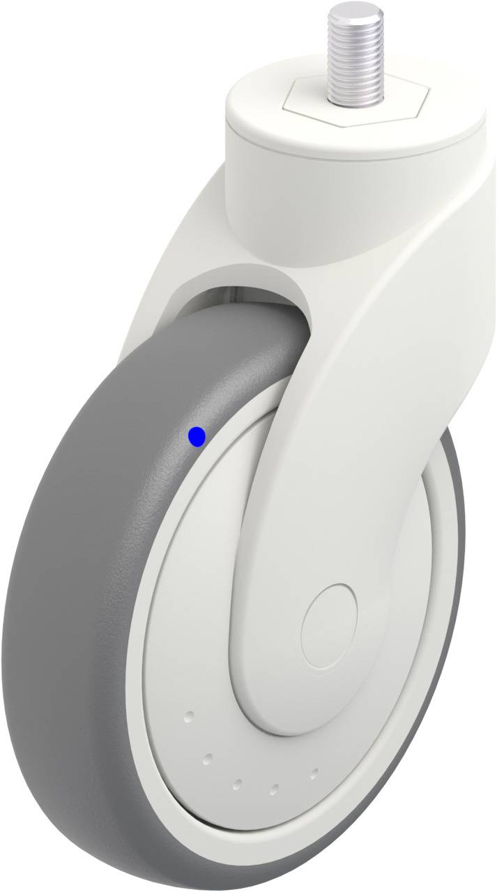 Weiße, drehbare Rolle mit grauem Rad und blauem Punkt auf der Seite. Schraubengewinde oben zum Befestigen. Ideal für Möbel.