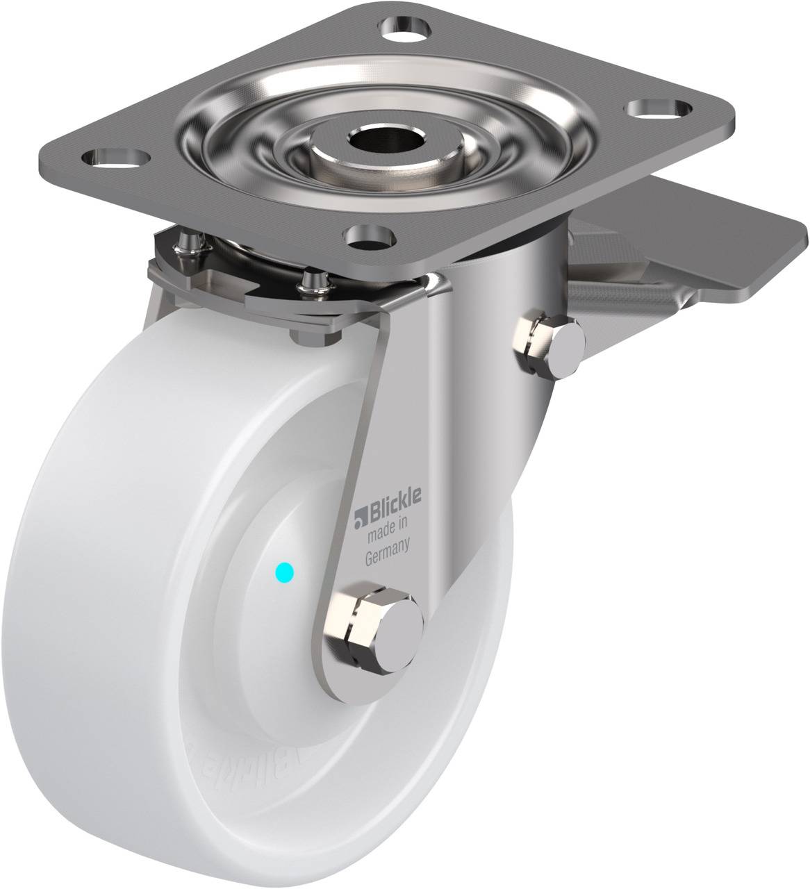 Schwenkrolle mit weißem Rad und Metallgehäuse. Aufschrift: 'Blickle made in Germany'. Geeignet für Möbel oder Industrieanwendungen.