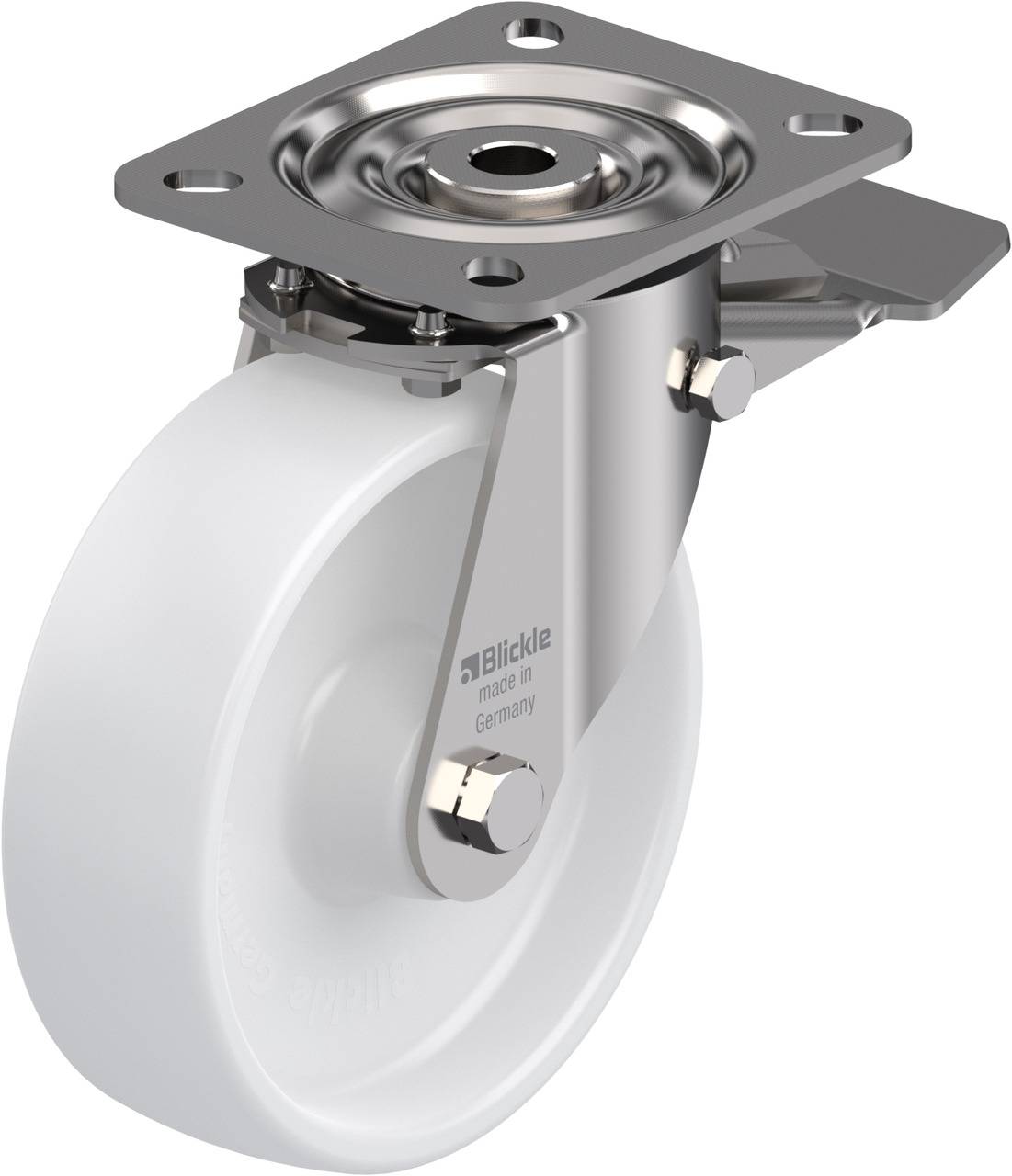 Metallisches Lenkrollenrad mit weißem Kunststoffreifen und Befestigungsplatte, geeignet für industrielle Anwendungen.